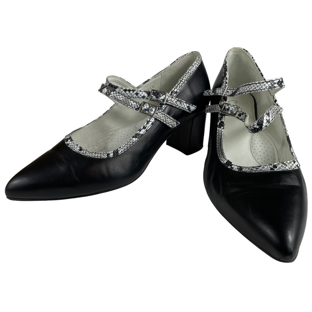 Calla Reptile Snakeskin Soft Leather Black White Point Toe Maryjane Block Heels